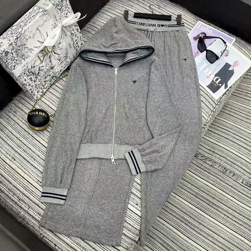 Dior Early Autumn Striped Hooded Jacket with Elastic-Waist Wide-Leg Pants Set