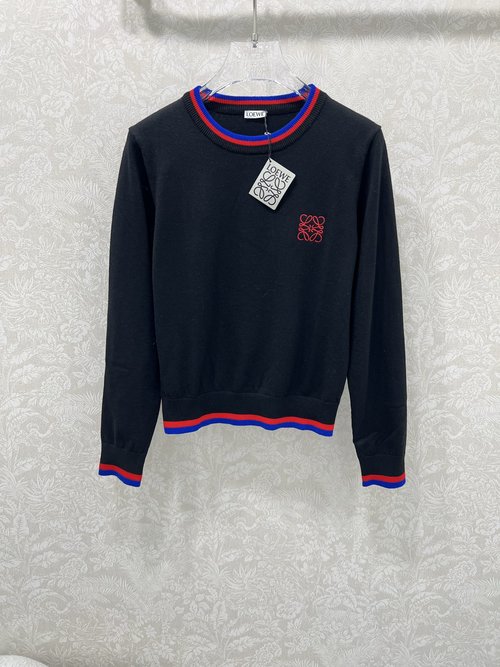 Loewe Round Neck Knit Sweater with Logo Embroidery and Color Blocking