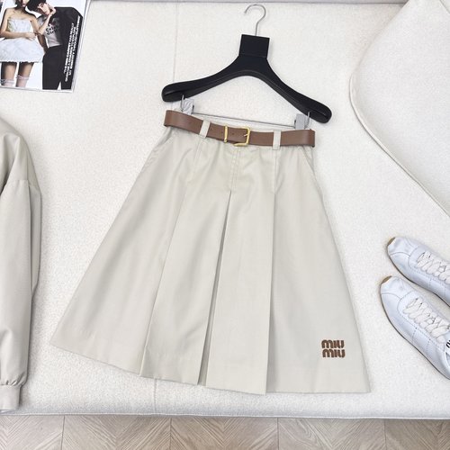 Miu Miu Exclusive Low-Waist Pleated Skirt with Belt and Red Check Lining