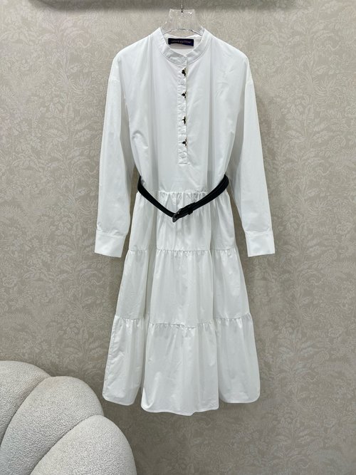 Louis Vuitton Solid Color Cotton Dress with Metal Hardware and Belt