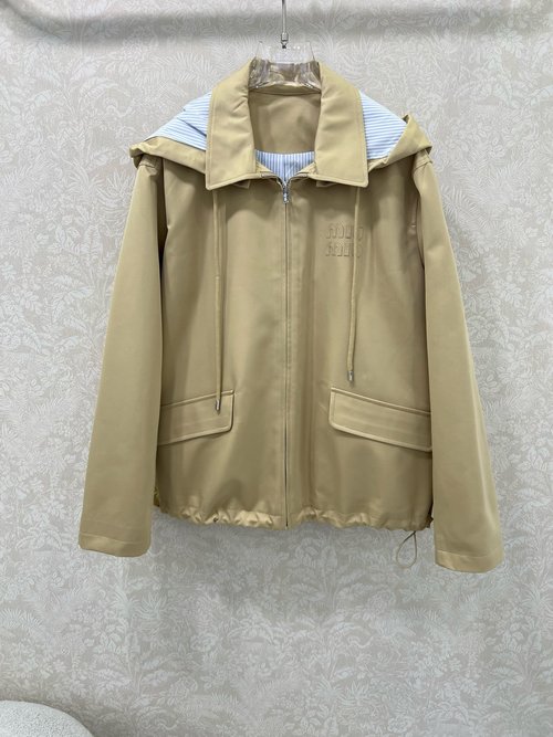 Miu Miu Removable Hooded Flight Jacket in YB Twill Cotton with Fashionable Details