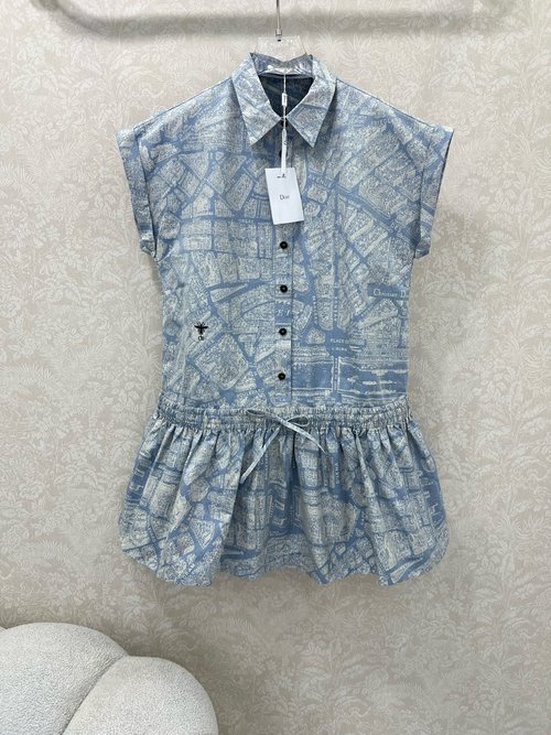 Dior Blue Jacquard Collared Short-Sleeved Dress with Logo Webbing