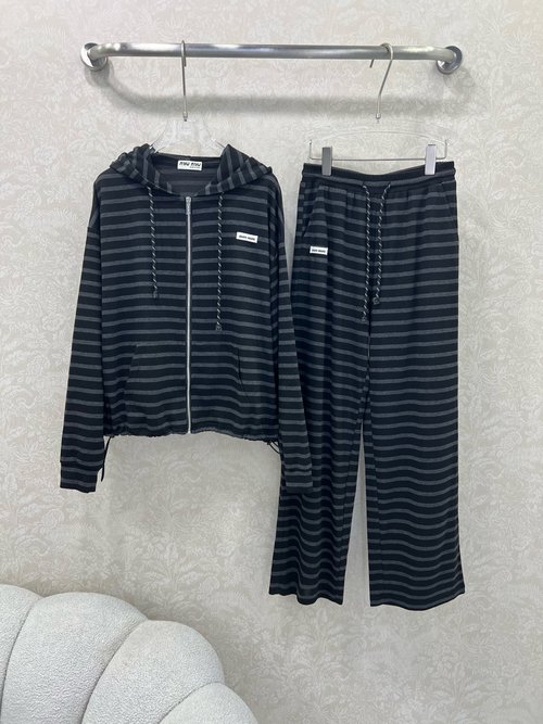 Miu Miu Stripe Suit Set with Hooded Jacket and Elastic-Waist Trousers