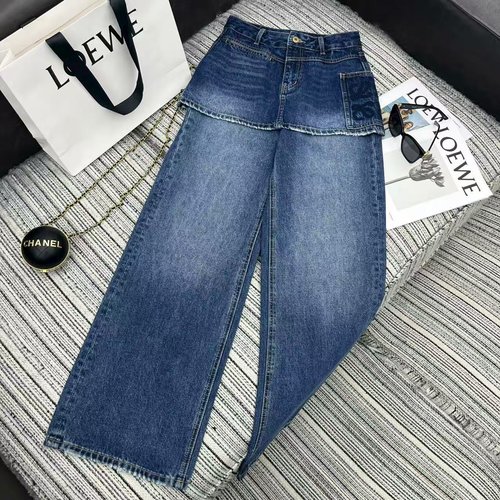 Loewe Logo Embroidered Denim Skirt Straight Pants with Fake Two-Piece Design