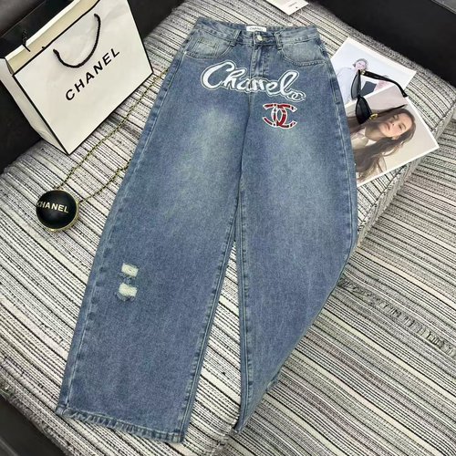 Chanel Double C Logo Embroidered Denim Curve Pants with Nice Wash Color
