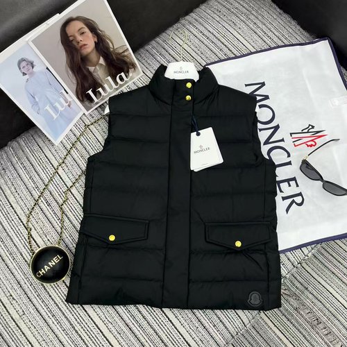 Moncler Stand Collar Down Vest with Grid Texture and Badge Ornament