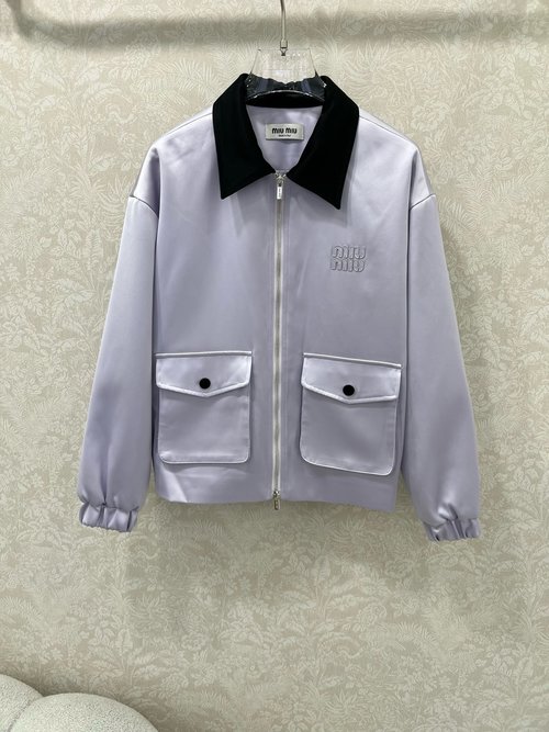 Miu Miu Satin Collar Jacket, Purple, Classic Logo Decoration