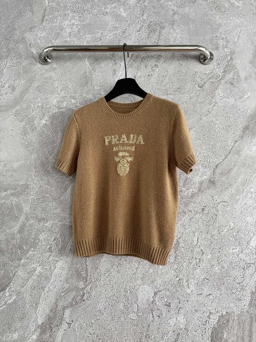 Prada Silky Gold Short Sleeve Knit Shirt with Contrasting Letter Logo