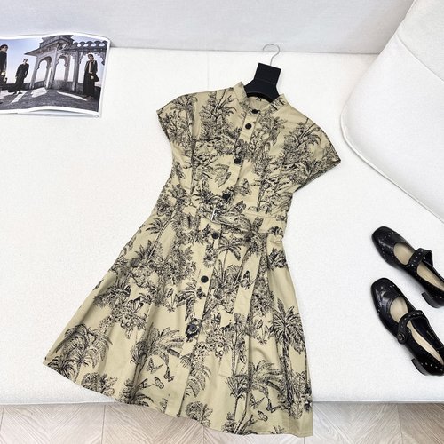 Dior Jungle Vacation Series Printed Drop-Shoulder Waist-Cinched Dress