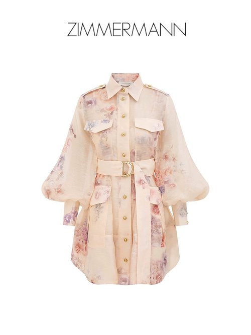Zimmermann Flower Print Dress with Flap Pockets and Belt