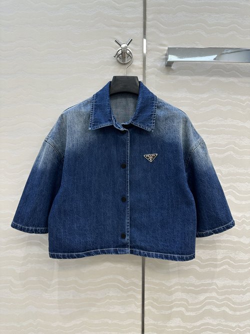Prada Enzyme-Washed Denim Short Sleeve Shirt with Triangle Logo Patch