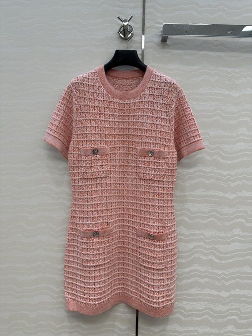 Chanel Round Neck Knit Dress with Custom Gradient Yarn and Coin Buttons for a Classic Appeal