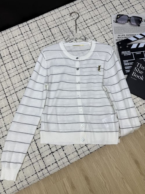 Yves Saint Laurent Classic YSL Brooch Striped Knitted Cardigan