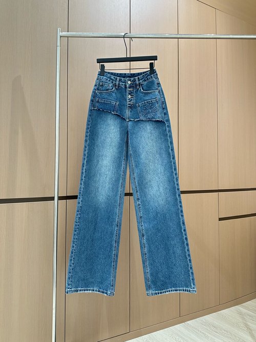 Chanel Designer Original Straight-Leg Jeans with Custom Fabric and 3D Logo
