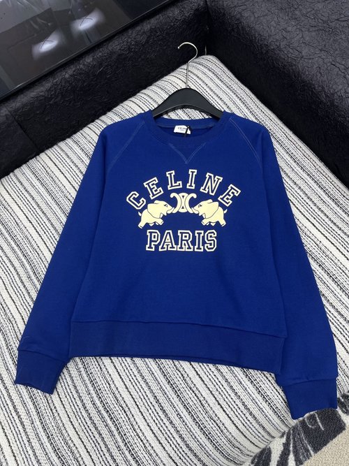 Celine Classic Printed Letter Blue Round-Neck Sweatshirt, Fashionable