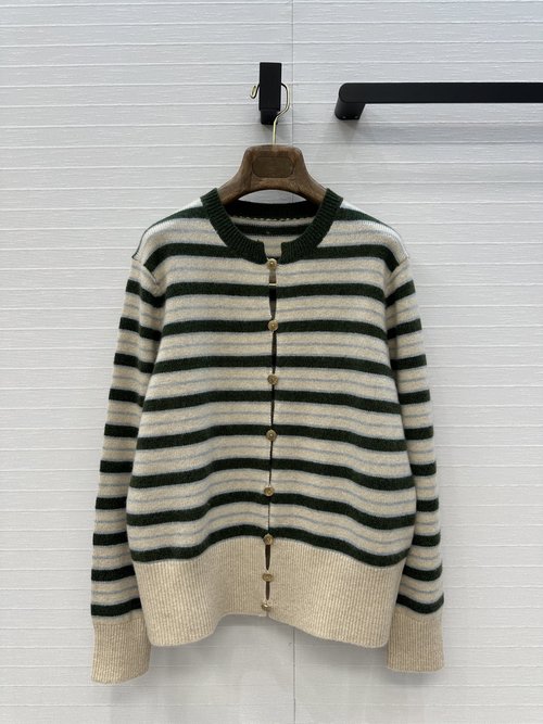 Loro Piana High - end Stripe Knit Cashmere Cardigan with Vintage Metal Buttons for a Refined Style