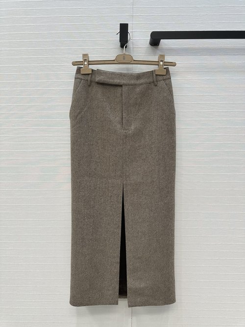 Brunello Cucinelli High-sense Herringbone Long Skirt with Split Hem