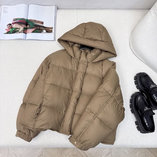 Max Mara Short Hooded Down Jacket with Logo Emblem, Classic H Silhouette, Elegant Design