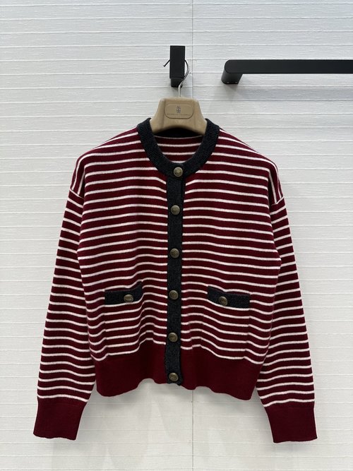 Brunello Cucinelli Exclusive Red - Grey Striped Cashmere Cardigan