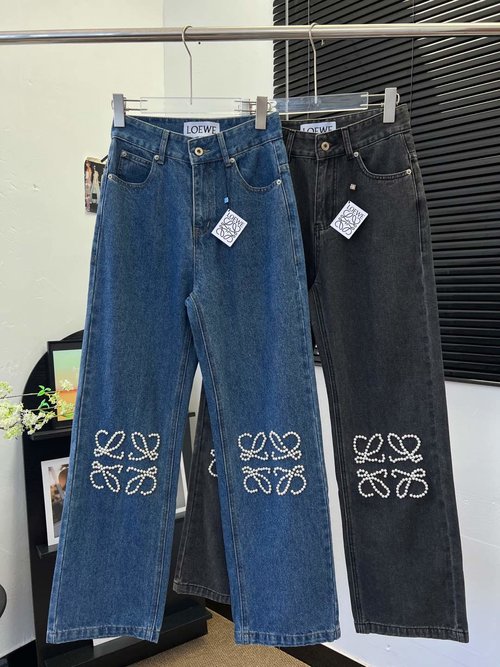 Loewe Knee Pearl Logo High-Waisted Straight Jeans in Two Color Options