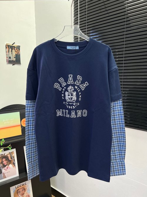 Prada Spliced Checked Sleeve Letter Long-Sleeve T-Shirt, Comfortable Fit Design
