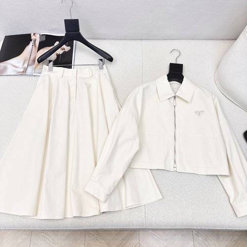 Prada Utility Style Set: Short Collared Coat with Umbrella Skirt