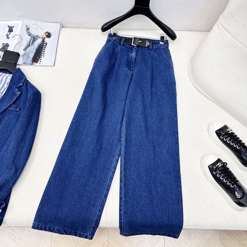 Prada Denim Suit with Leather Belt Decoration