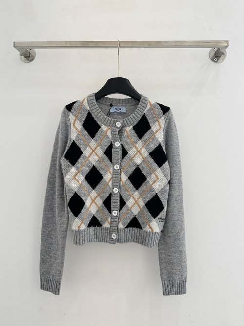 Prada Retro Prism Checked Round - Neck Long - Sleeve Knit Cardigan