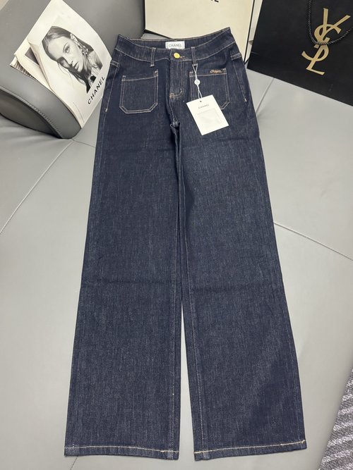 Chanel Denim Straight-Leg Jeans with Embroidered Logo and Relaxed Fit