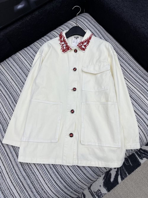 Chanel Vintage Classic Denim Jacket with Handmade Beads