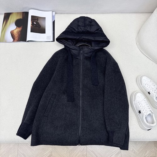 Max Mara Spliced Wool Hooded Medium-Length Down Coat