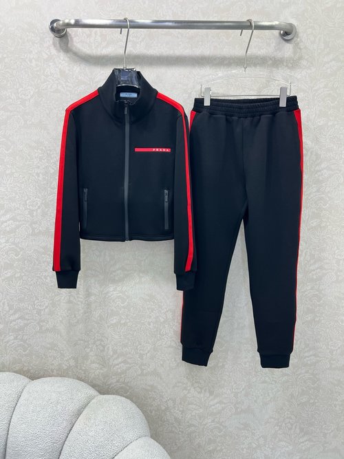 Prada Letter Logo Space Cotton Set with Red Side Stripes