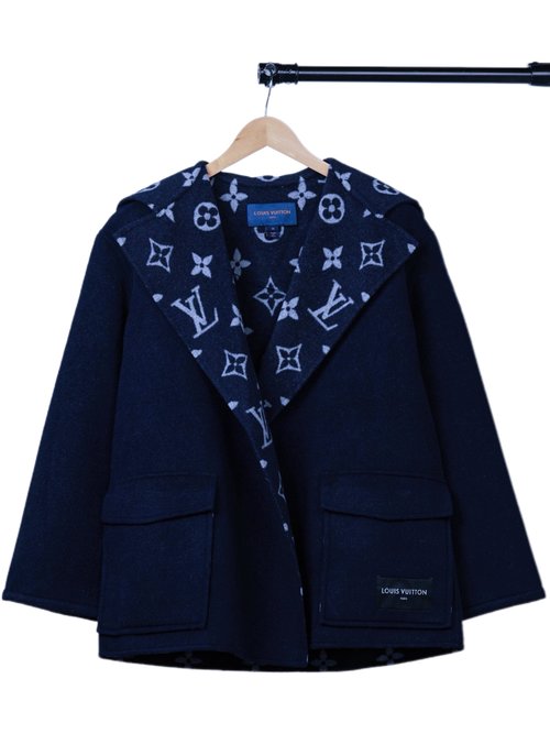 Louis Vuitton Navy Blue Naval Collar Short Coat, Classic Wool Silk Mix