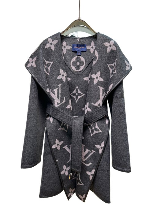 Louis Vuitton Long Wool-Silk Blend Coat with Dark Gray Big Flowers