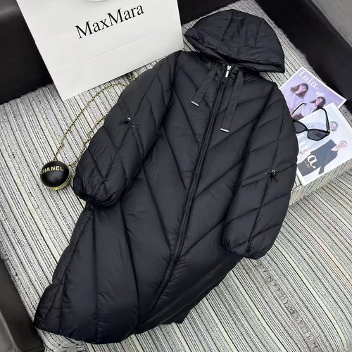 Max Mara Max Series Hooded Long Down Jacket with Drawstring Sleeves, Premium 90% Goose Down Fill