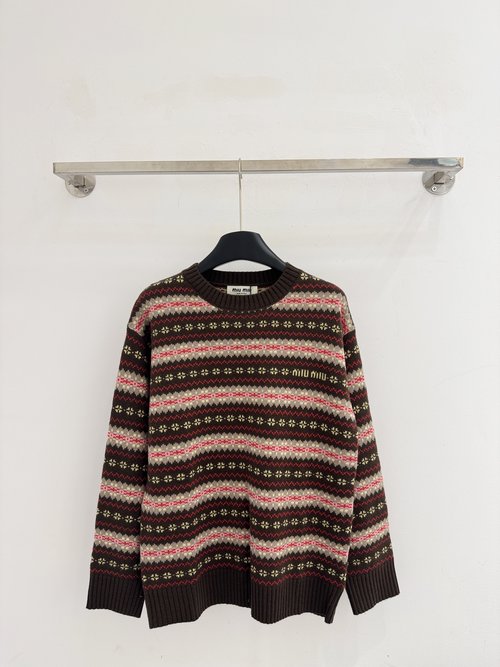 Miu Miu Classic Stripe Knit with Simple Round Collar and Relaxed Fit