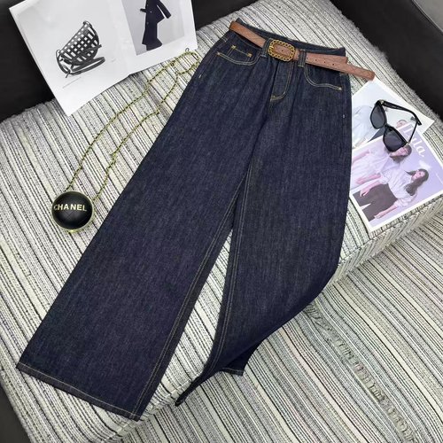Chanel Classic Denim Straight Pants with Double C Pocket Embroidery