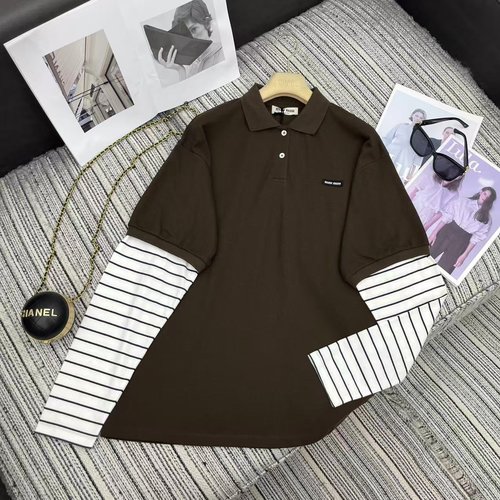 Miu Miu Polo Collar Striped T-Shirt in Classic College Style for Outings