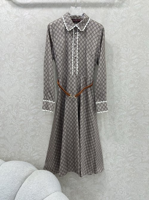 Gucci Printed Lace-Trimmed Shirt-Dress with Customized Belt