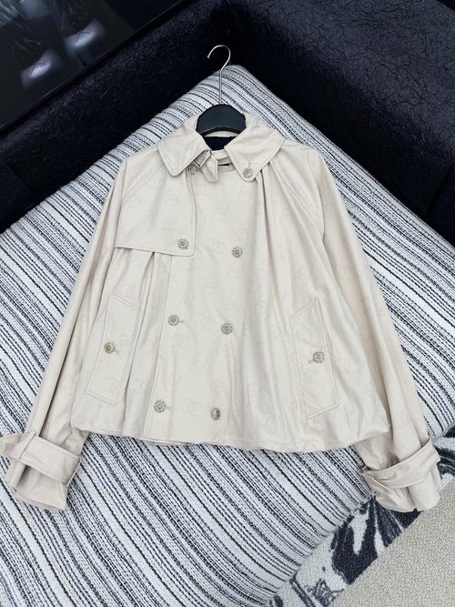 Chanel Custom Imported Print Short Trench Coat with Blooming Hem and Buttons