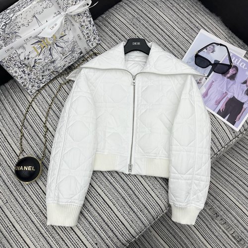 Dior Navy Collar Rattan Check Zip Cotton Coat with Bee Embroidery