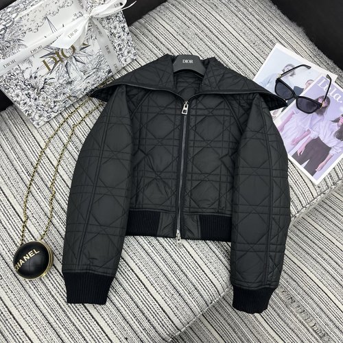 Dior Navy Collar Rattan Check Zip Cotton Coat with Bee Embroidery