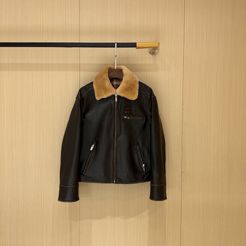 Miu Miu Stylish Leather Jacket with Imported Lambskin Fur Collar