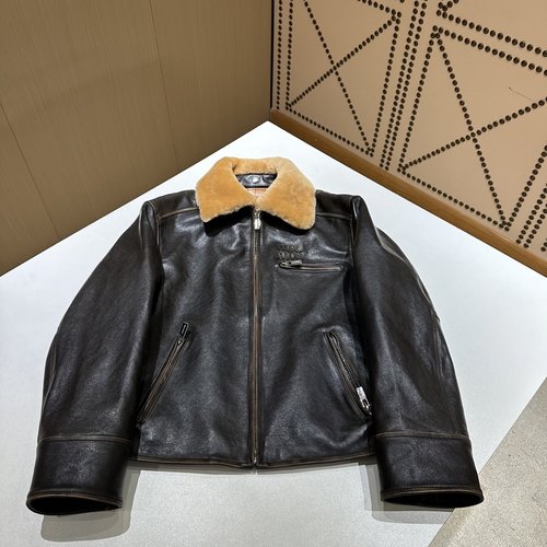 Miu Miu Leather Jacket with Imported Lambskin Fur Collar, Elegant and Sophisticated Style