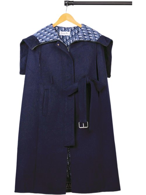 Dior Navy Collar Long Wool Coat in Pink and Blue with Dust Bag