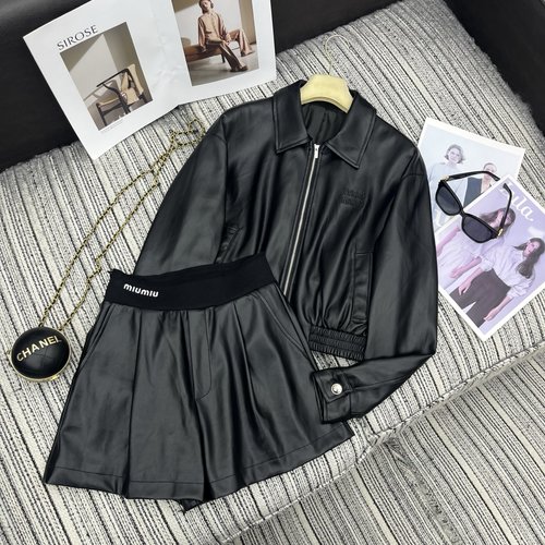Miu Miu Stylish PU Leather Jacket and Shorts Set with Letter Embroidery