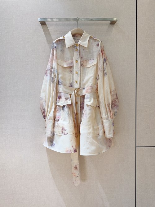 Zimmermann Floral Print Shirt Dress with Metal Buttons and Belt