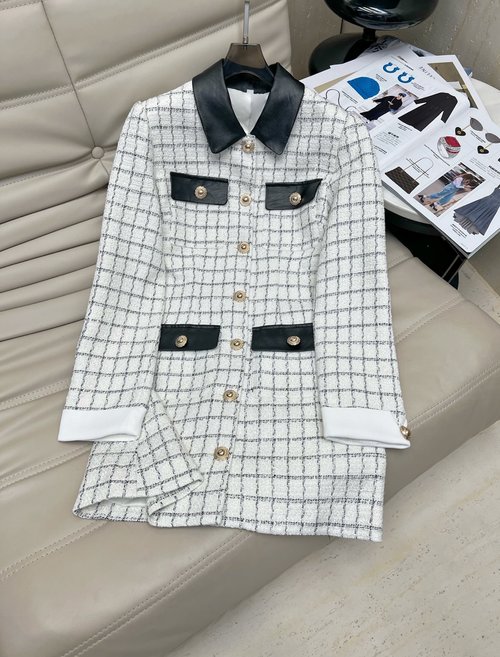 Chanel Checkered Leather Collar Long-Sleeve Elegant Dress