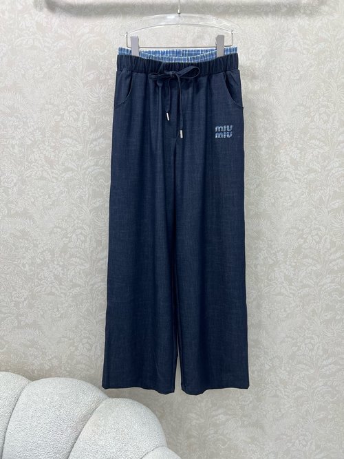 Miu Miu Blue Plaid Drawstring Wide-Leg Trousers with Logo Embroidery