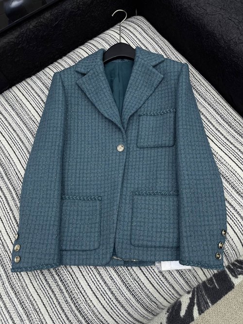 Chanel Custom Checked Tweed V - Neck Coat with Silver Buttons and Gold Chains